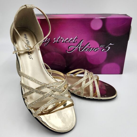 Easy Street Women Gold Glitter Tarrah Ankle Strap Wedge Evening Sandals Size 8.5 - Picture 2 of 7